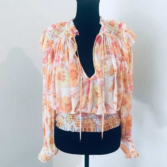 FREE PEOPLE  Orange Yellow Floral Ruffled L/S Mesh Smocked Cropped Blouse Top M - Picture 2 of 8